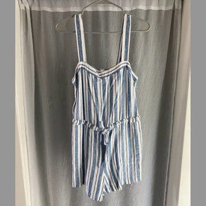 Gap size 6 light blue and white striped romper with adjustable straps/tie waist